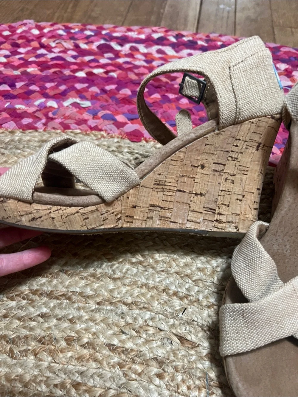 TOMS Beige Crisscross Ankle-Strap Wedge Sandals excellent condition